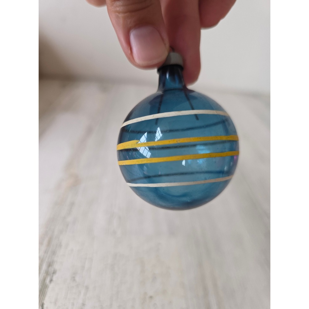 Vintage premier? Unsilvered striped yellow white blue ornament Xmas tree
